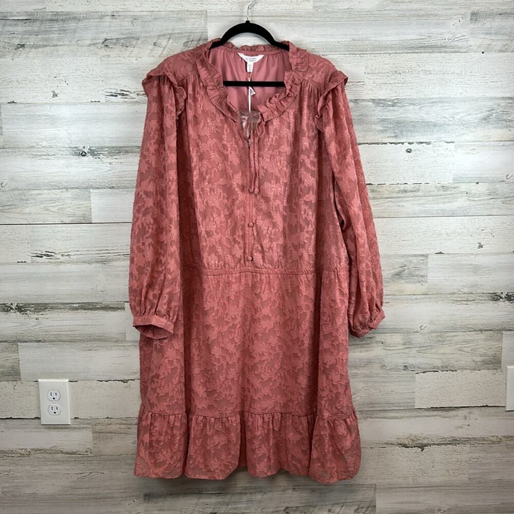 NWT Lauren Conrad Size 3X Pink Floral Chiffon Ruffle Burnout Dress Long Sleeve - Picture 2 of 7
